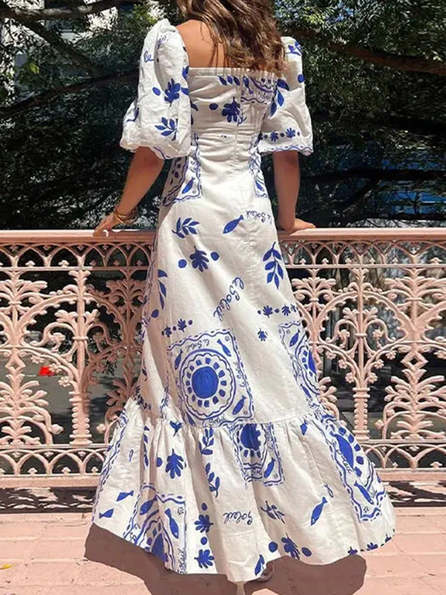 A-Line High Waisted Contrast Color Pleated Printed Ruffled Split-Joint Square-Neck Midi Dresses - Image 7