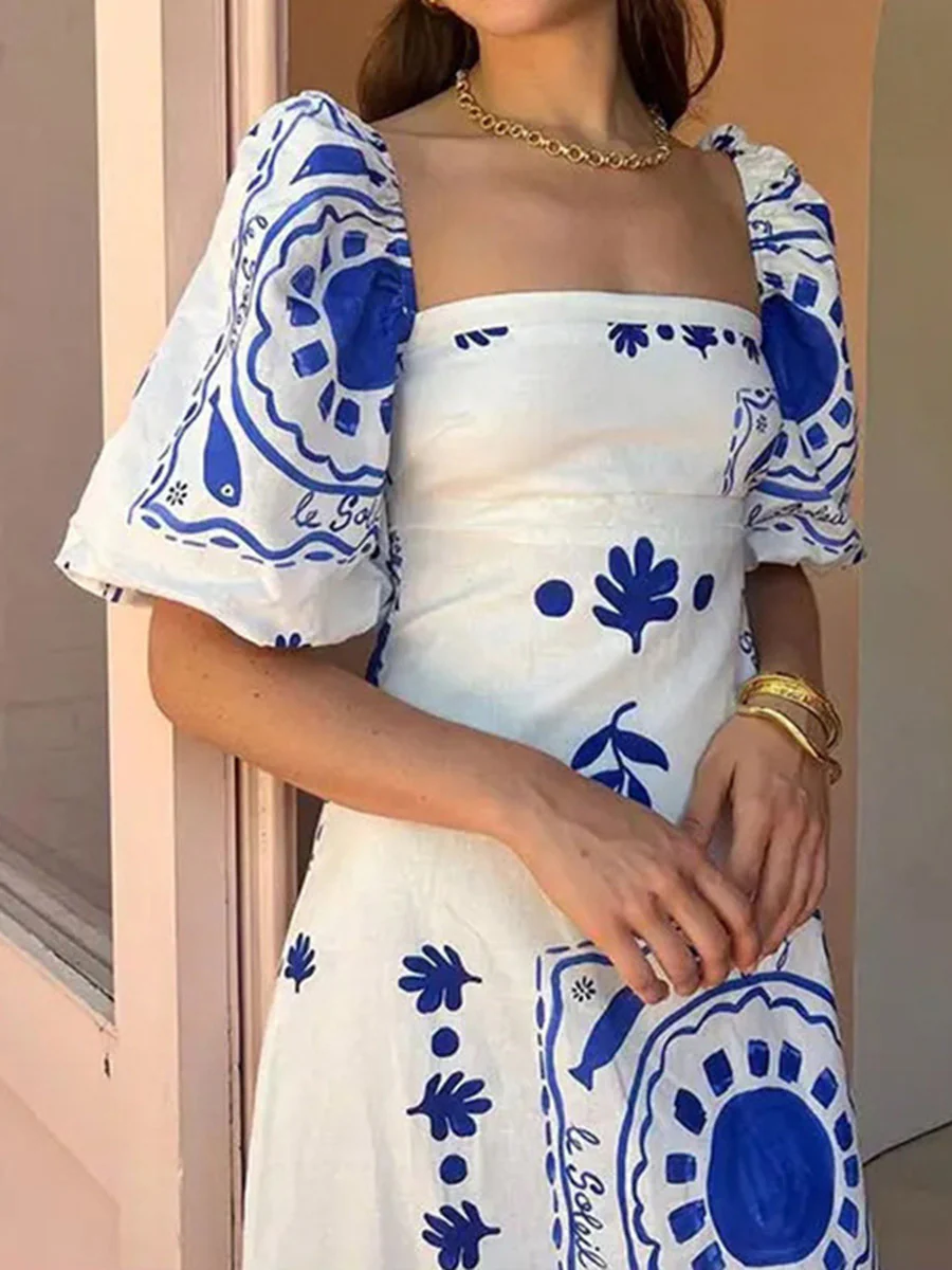 A-Line High Waisted Contrast Color Pleated Printed Ruffled Split-Joint Square-Neck Midi Dresses - Image 8