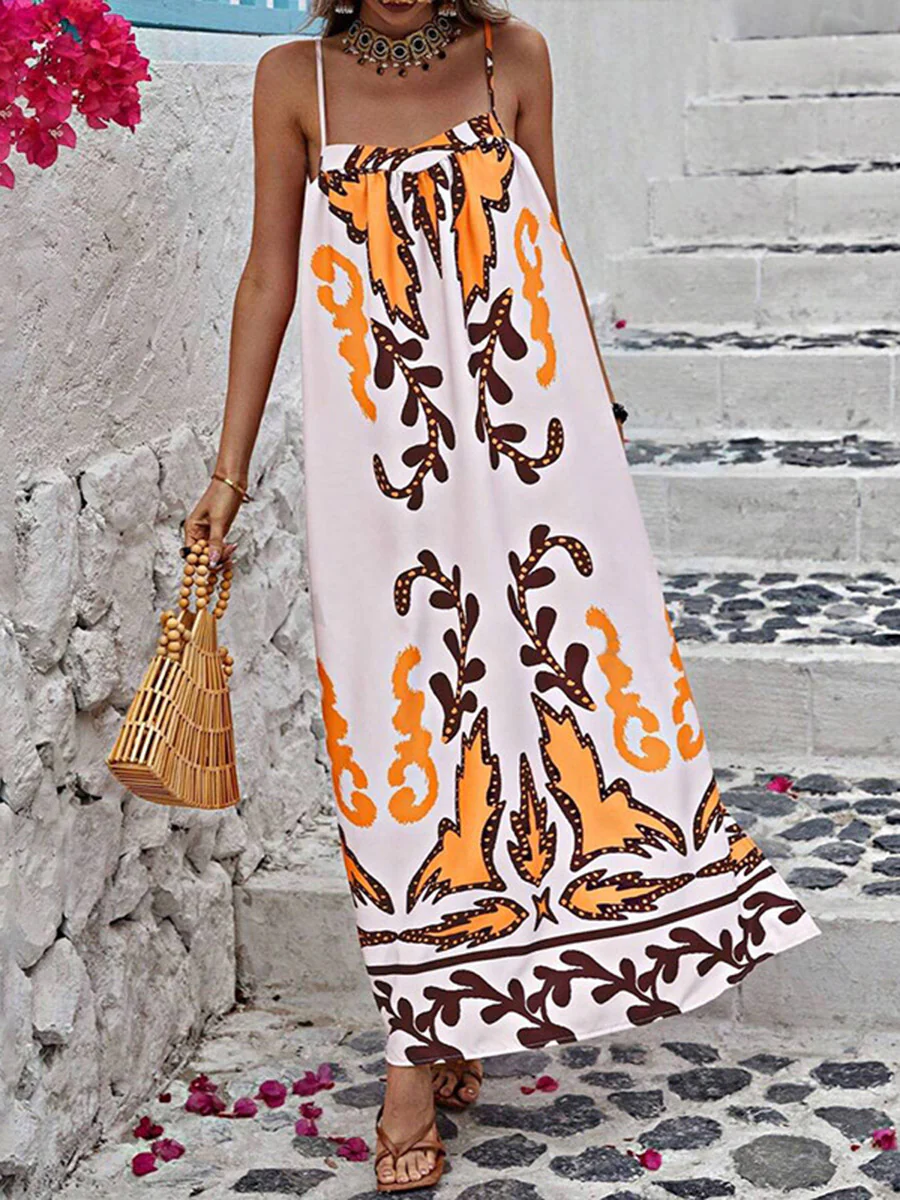 A-Line High Waisted Contrast Color Pleated Printed Split-Joint Spaghetti-Neck Midi Dresses - Image 10