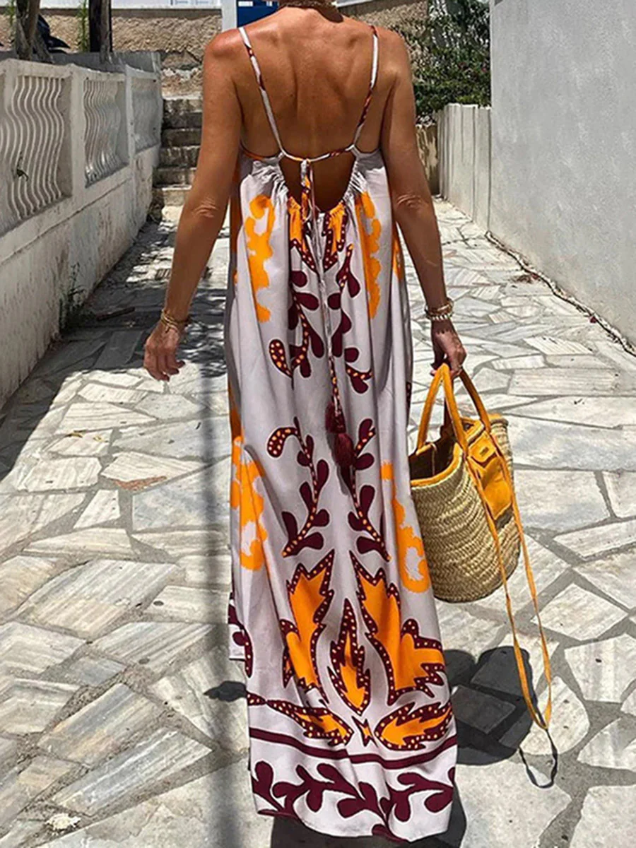 A-Line High Waisted Contrast Color Pleated Printed Split-Joint Spaghetti-Neck Midi Dresses - Image 11