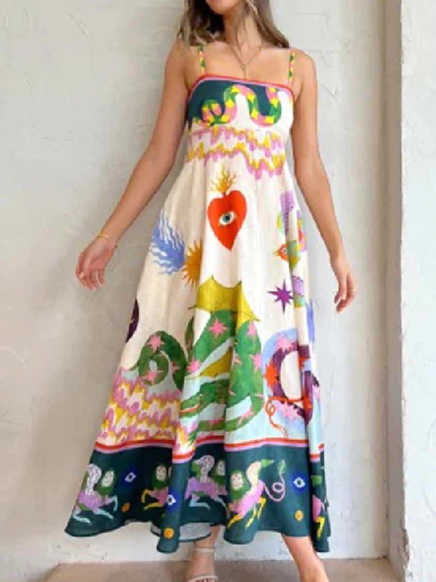 A-Line High Waisted Contrast Color Pleated Printed Split-Joint Spaghetti-Neck Midi Dresses - Image 2
