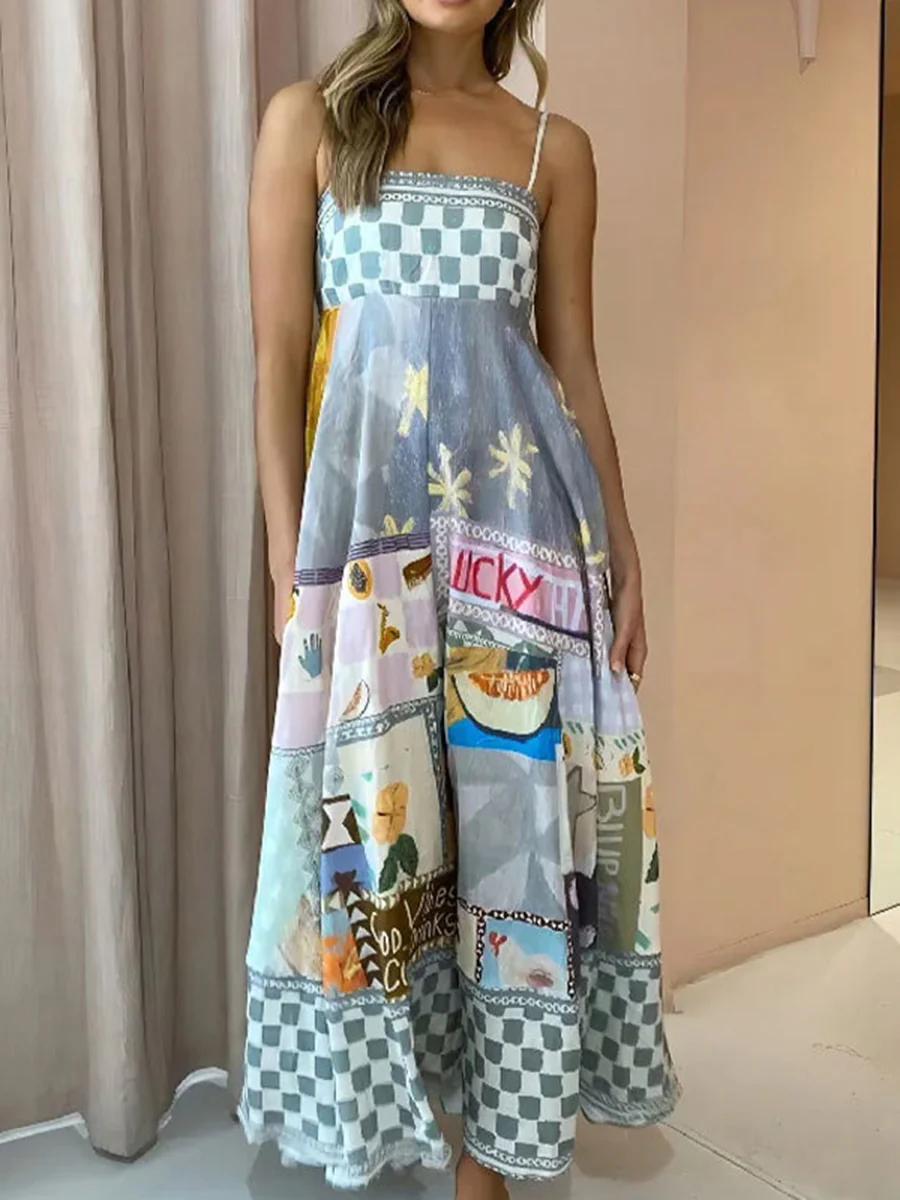 A-Line High Waisted Contrast Color Pleated Printed Split-Joint Spaghetti-Neck Midi Dresses - Image 3