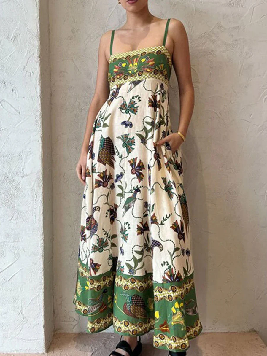 A-Line High Waisted Contrast Color Pleated Printed Split-Joint Spaghetti-Neck Midi Dresses - Image 4