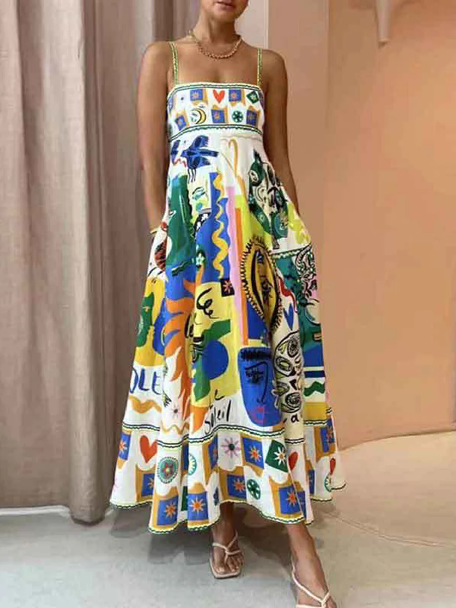 A-Line High Waisted Contrast Color Pleated Printed Split-Joint Spaghetti-Neck Midi Dresses - Image 5