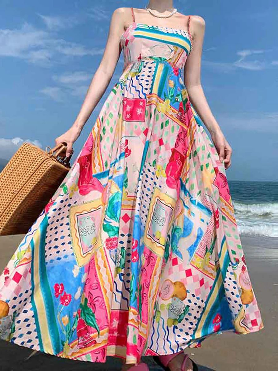 A-Line High Waisted Contrast Color Pleated Printed Split-Joint Spaghetti-Neck Midi Dresses - Image 6
