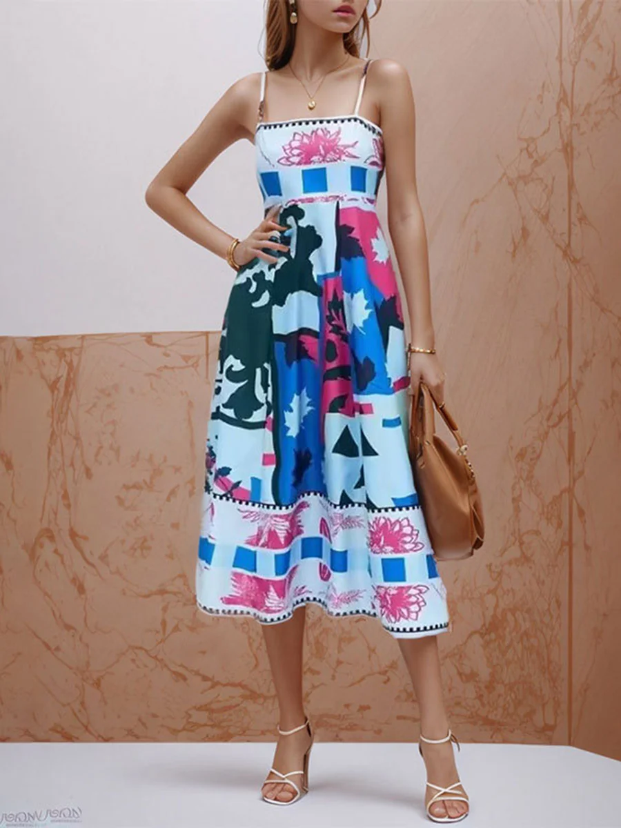 A-Line High Waisted Contrast Color Pleated Printed Split-Joint Spaghetti-Neck Midi Dresses - Image 7