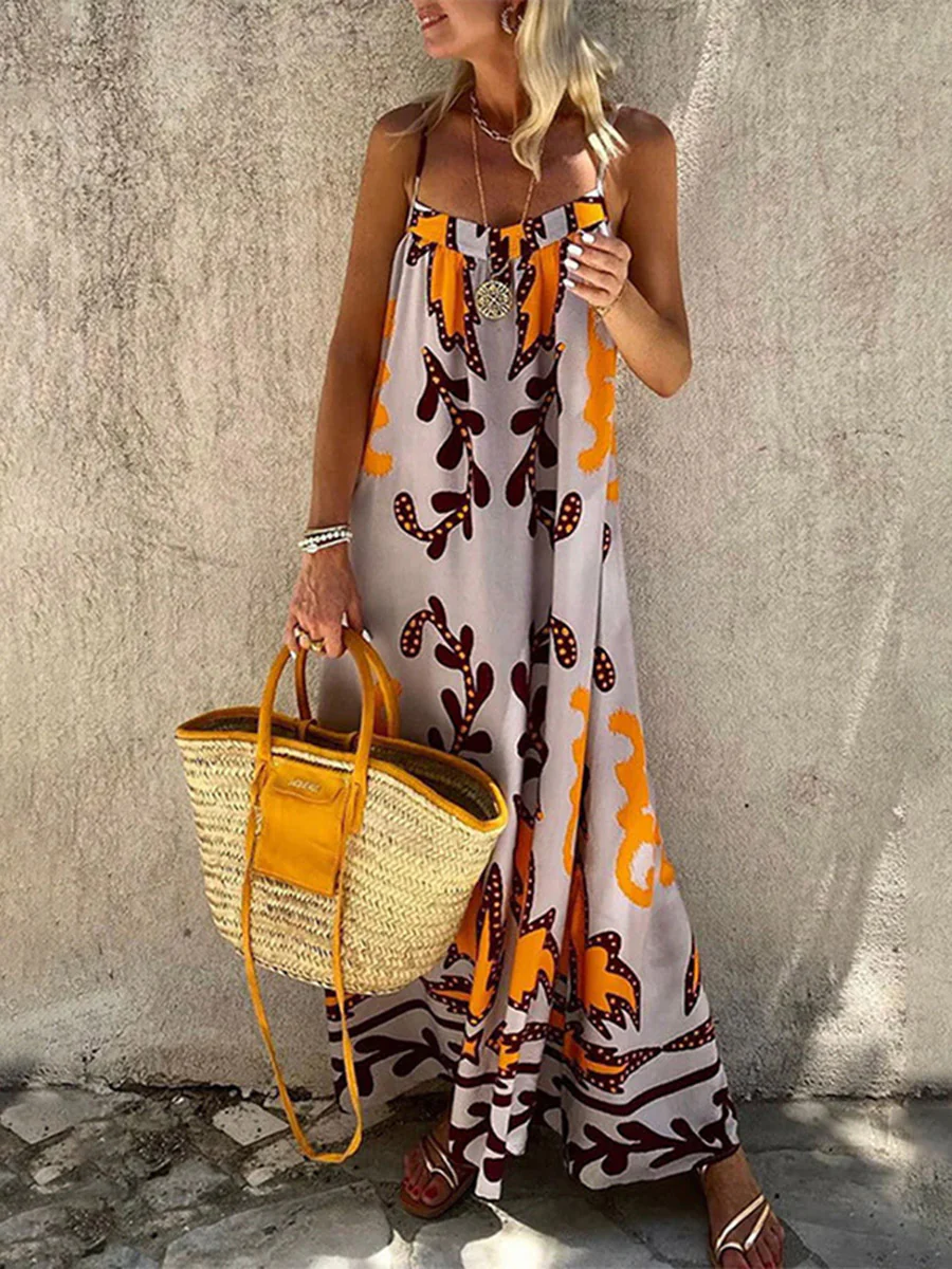 A-Line High Waisted Contrast Color Pleated Printed Split-Joint Spaghetti-Neck Midi Dresses - Image 9