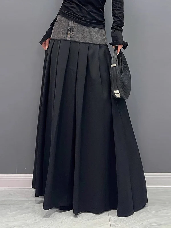 A-Line High Waisted Contrast Color Pleated Split-Joint Skirts Bottoms - Image 2