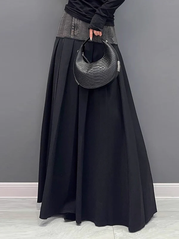 A-Line High Waisted Contrast Color Pleated Split-Joint Skirts Bottoms - Image 3