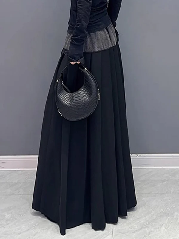 A-Line High Waisted Contrast Color Pleated Split-Joint Skirts Bottoms - Image 4
