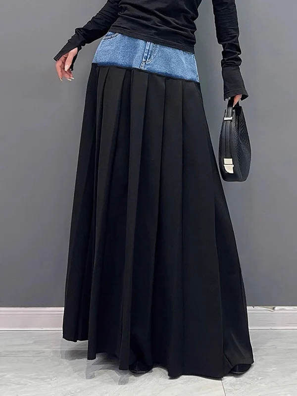 A-Line High Waisted Contrast Color Pleated Split-Joint Skirts Bottoms - Image 5