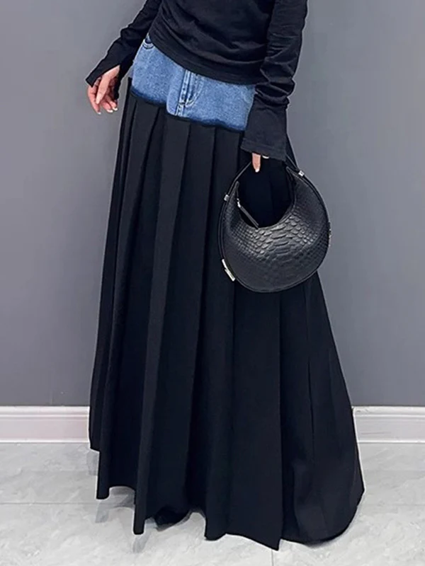 A-Line High Waisted Contrast Color Pleated Split-Joint Skirts Bottoms - Image 6