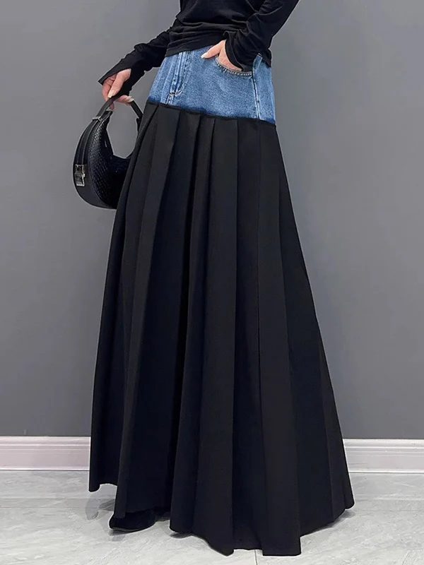 A-Line High Waisted Contrast Color Pleated Split-Joint Skirts Bottoms - Image 7