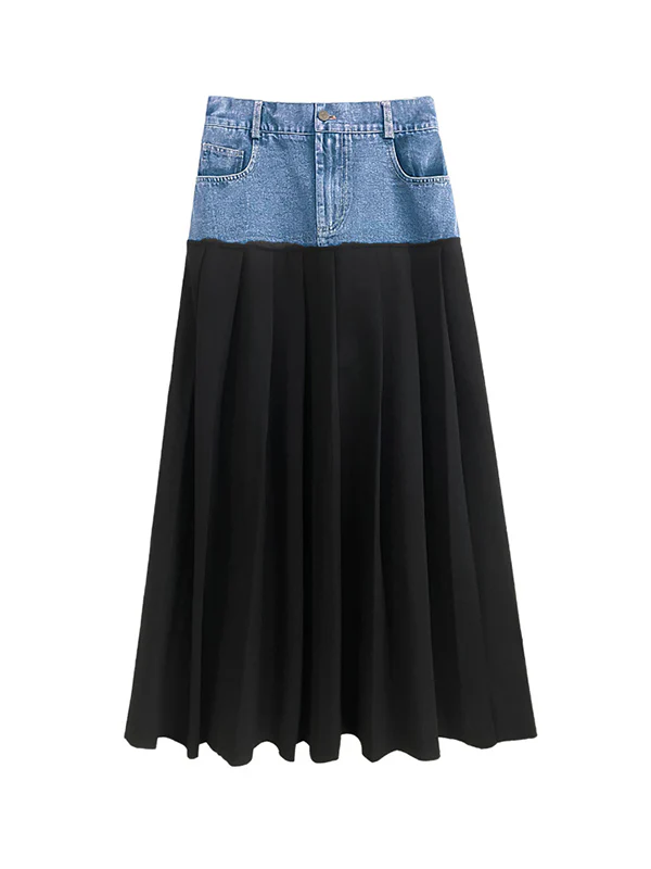 A-Line High Waisted Contrast Color Pleated Split-Joint Skirts Bottoms - Image 8