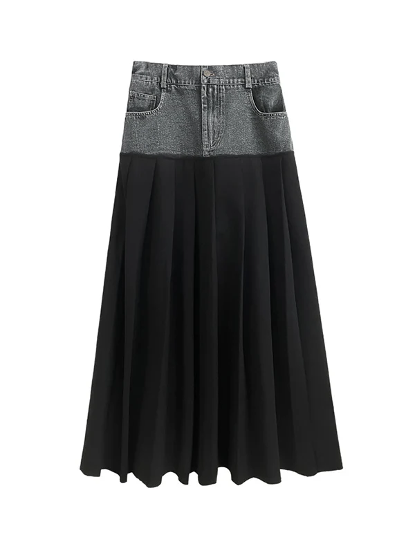 A-Line High Waisted Contrast Color Pleated Split-Joint Skirts Bottoms - Image 9
