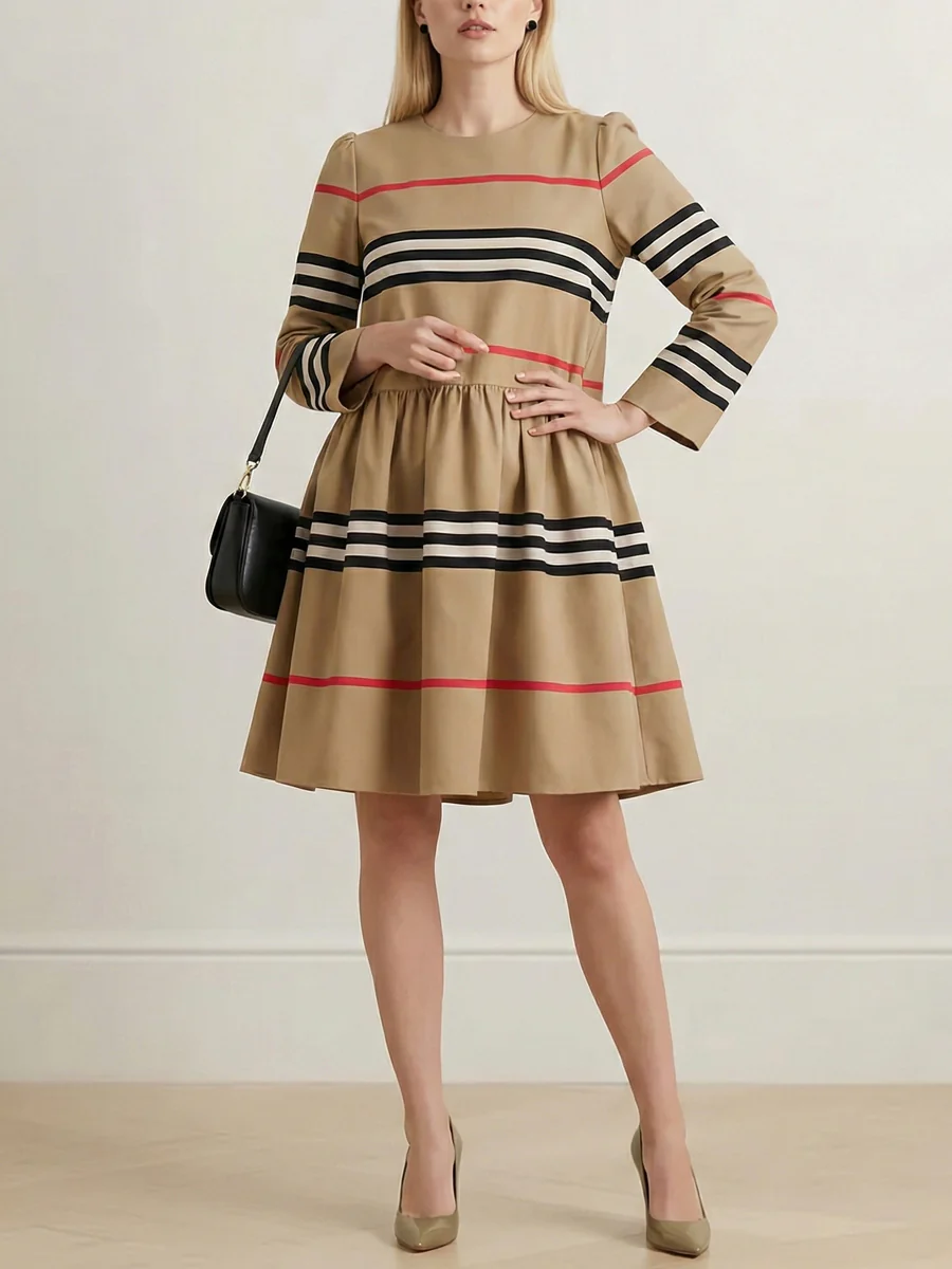 A-Line High Waisted Contrast Color Pleated Striped Zipper Mock Neck Midi Dresses - Image 2