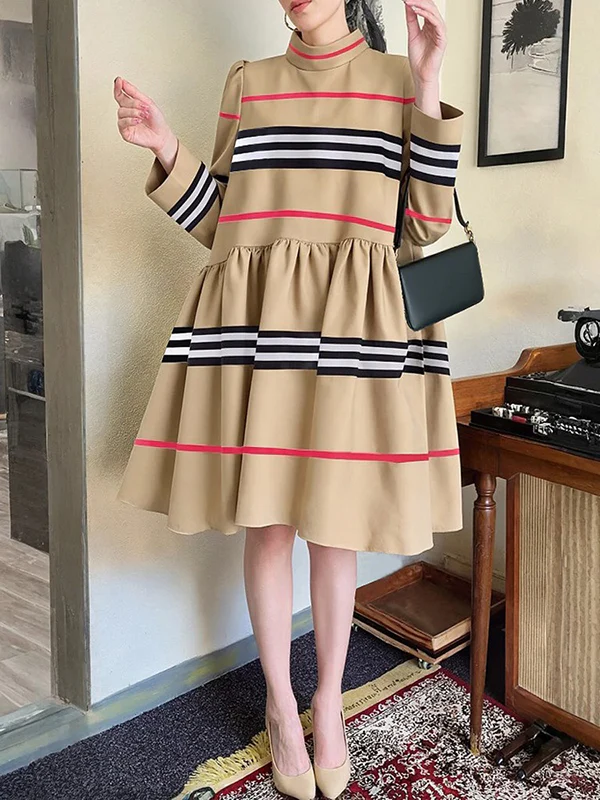 A-Line High Waisted Contrast Color Pleated Striped Zipper Mock Neck Midi Dresses - Image 3