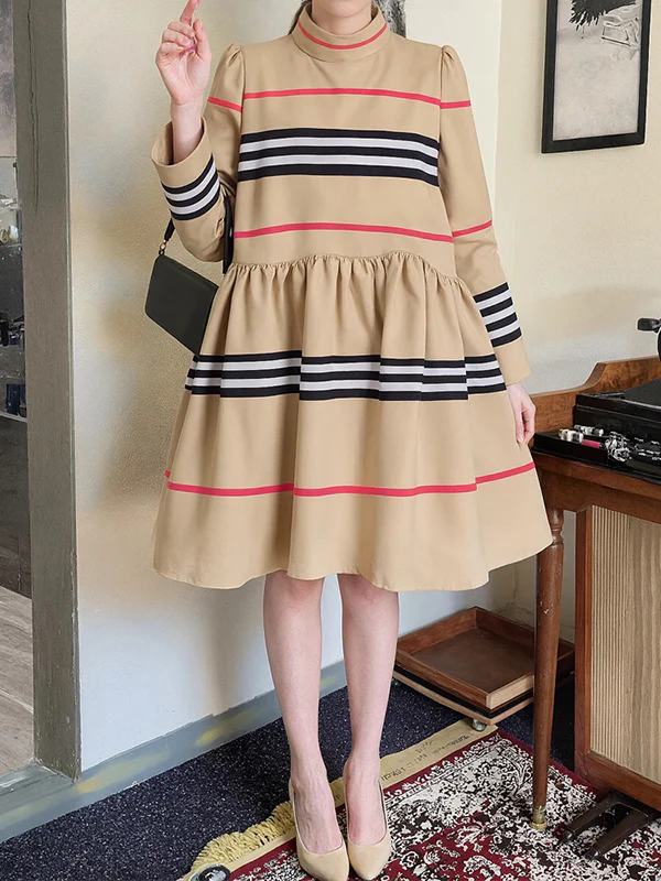 A-Line High Waisted Contrast Color Pleated Striped Zipper Mock Neck Midi Dresses - Image 4