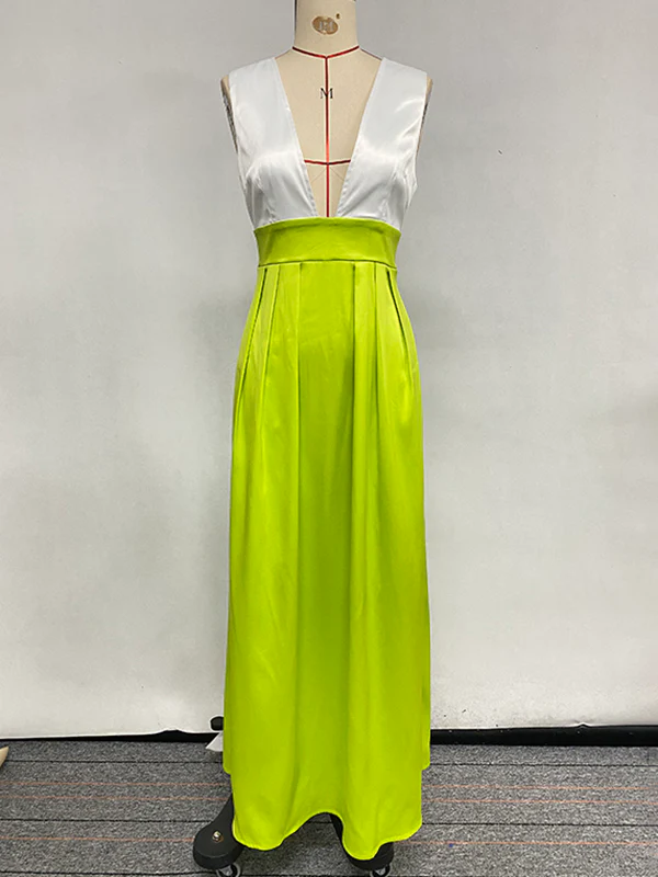A-Line High Waisted Contrast Color Pleated Zipper Deep V-Neck Maxi Dresses - Image 12