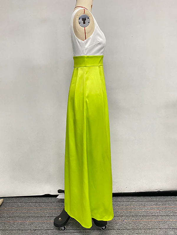 A-Line High Waisted Contrast Color Pleated Zipper Deep V-Neck Maxi Dresses - Image 13
