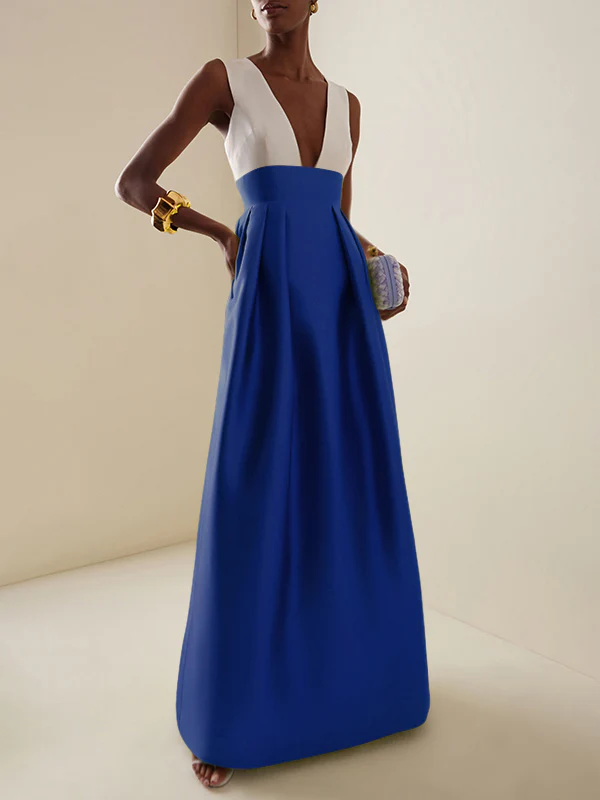 A-Line High Waisted Contrast Color Pleated Zipper Deep V-Neck Maxi Dresses - Image 14