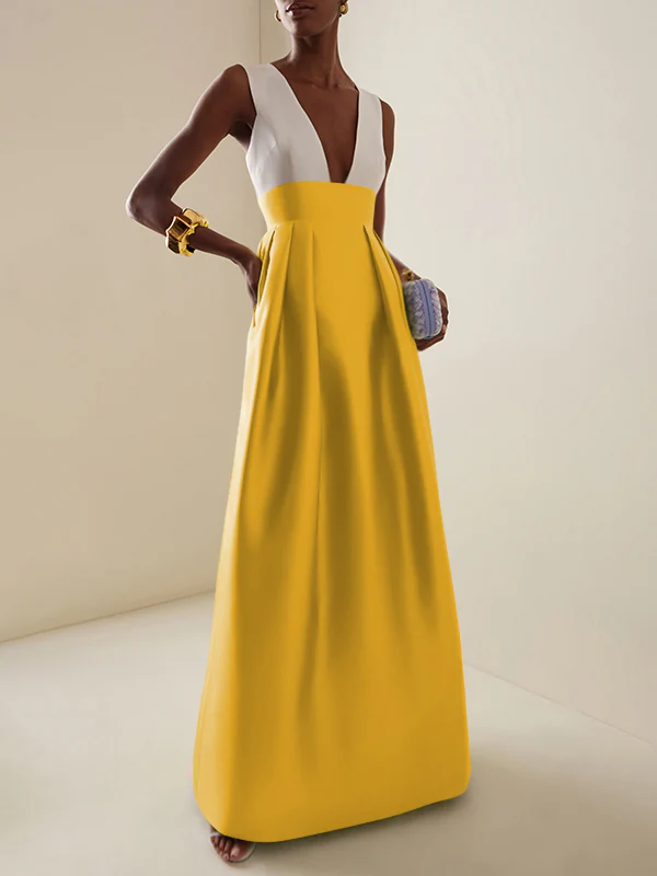 A-Line High Waisted Contrast Color Pleated Zipper Deep V-Neck Maxi Dresses - Image 15