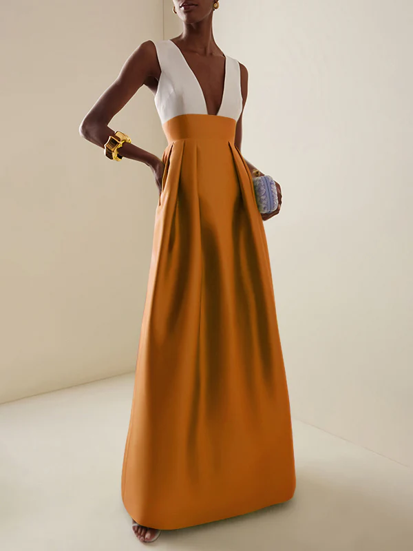 A-Line High Waisted Contrast Color Pleated Zipper Deep V-Neck Maxi Dresses - Image 16