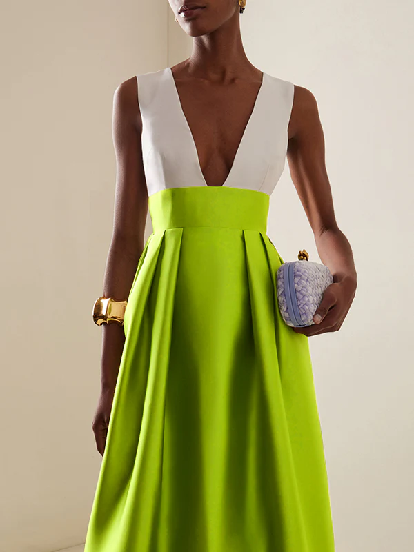 A-Line High Waisted Contrast Color Pleated Zipper Deep V-Neck Maxi Dresses - Image 2