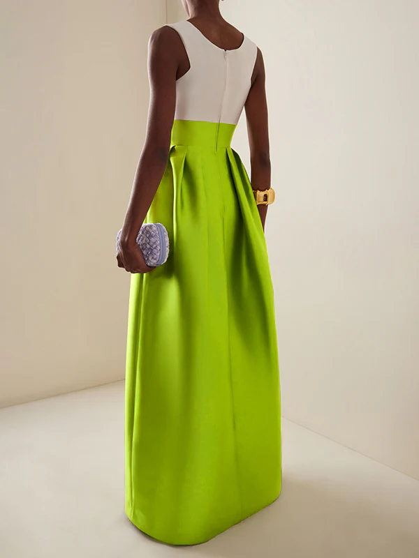 A-Line High Waisted Contrast Color Pleated Zipper Deep V-Neck Maxi Dresses - Image 3