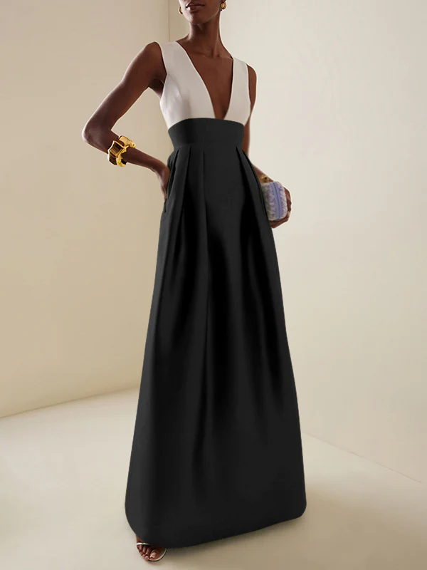 A-Line High Waisted Contrast Color Pleated Zipper Deep V-Neck Maxi Dresses - Image 4