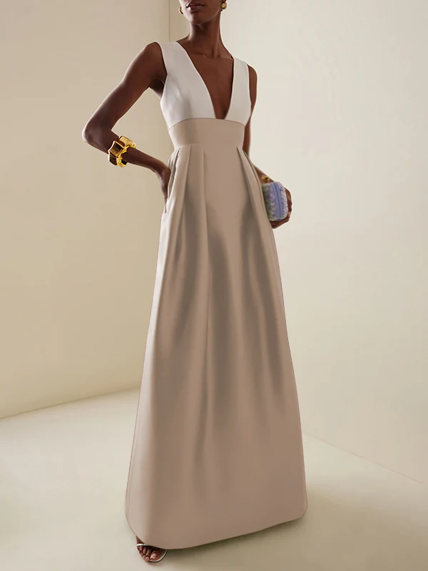 A-Line High Waisted Contrast Color Pleated Zipper Deep V-Neck Maxi Dresses - Image 5