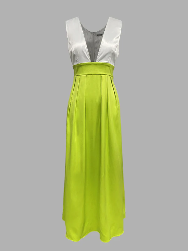 A-Line High Waisted Contrast Color Pleated Zipper Deep V-Neck Maxi Dresses - Image 6