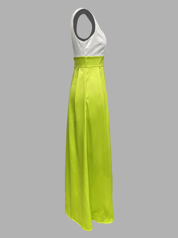 A-Line High Waisted Contrast Color Pleated Zipper Deep V-Neck Maxi Dresses - Image 7