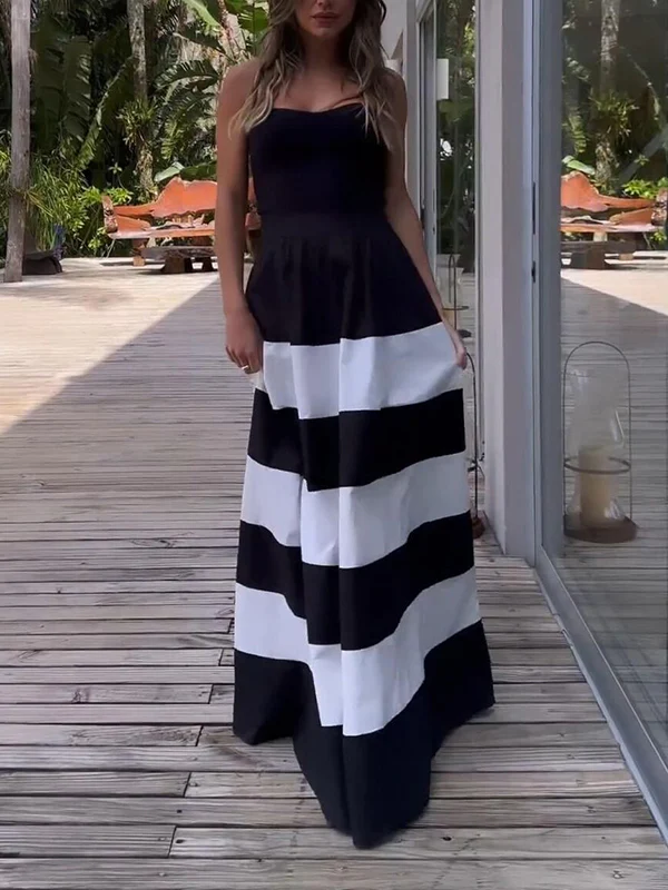 A-Line High Waisted Contrast Color Pockets Striped Tube Maxi Dresses - Image 4