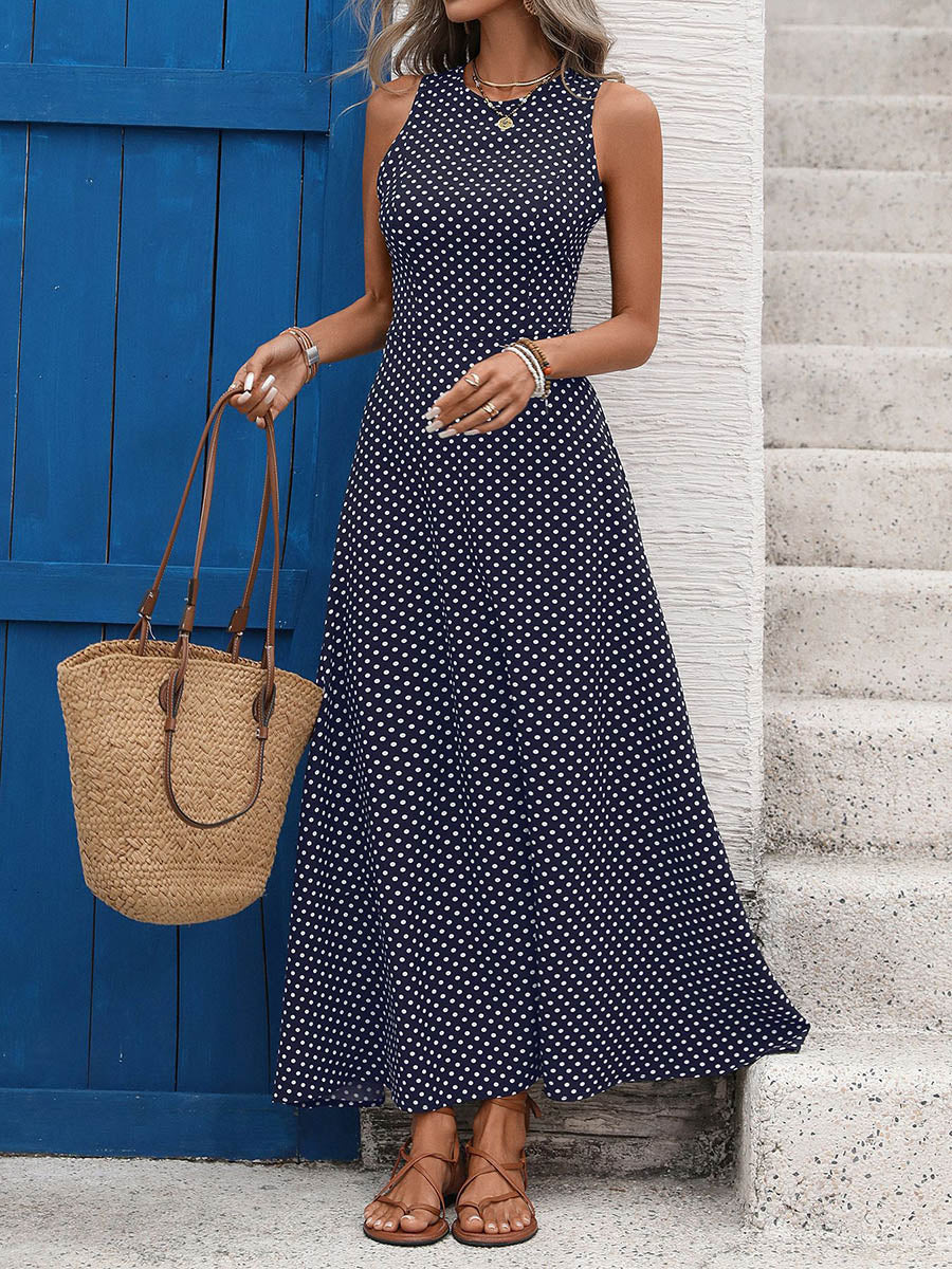 A-Line High Waisted Contrast Color Polka-Dot Round-Neck Maxi Dresses - Image 10