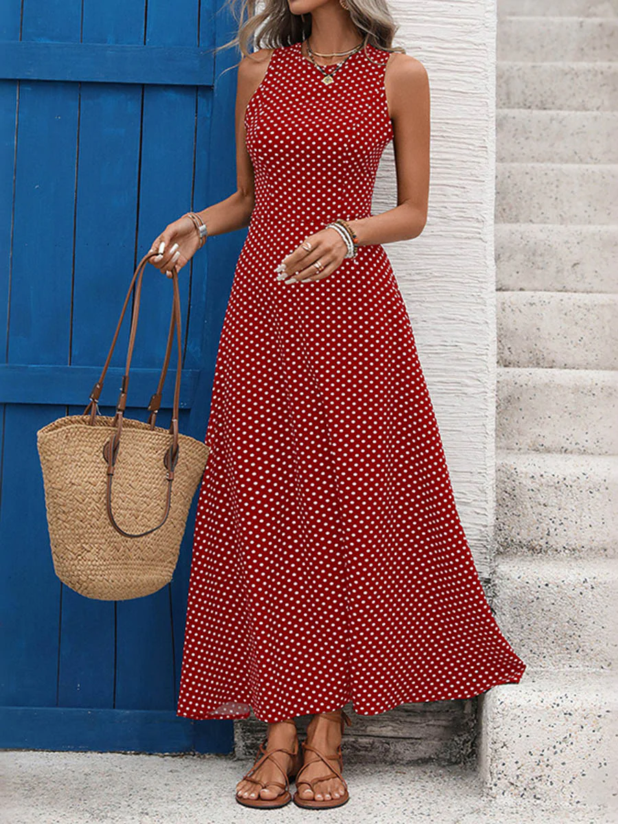 A-Line High Waisted Contrast Color Polka-Dot Round-Neck Maxi Dresses - Image 4
