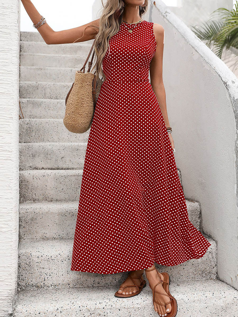A-Line High Waisted Contrast Color Polka-Dot Round-Neck Maxi Dresses - Image 5