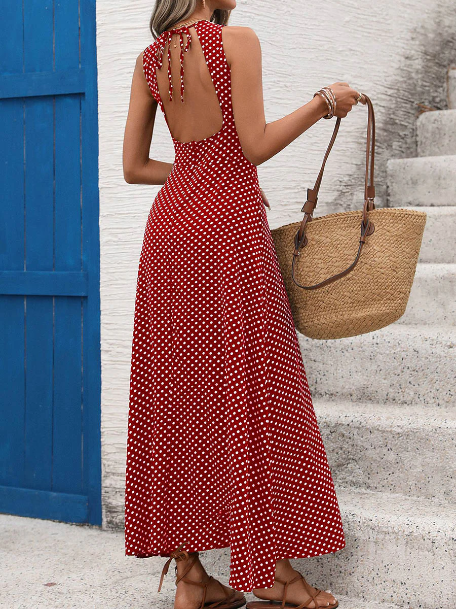 A-Line High Waisted Contrast Color Polka-Dot Round-Neck Maxi Dresses - Image 6