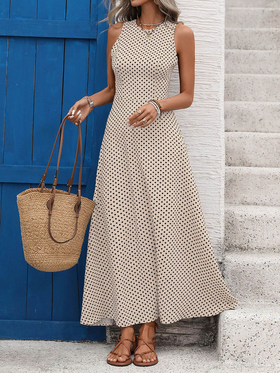 A-Line High Waisted Contrast Color Polka-Dot Round-Neck Maxi Dresses - Image 7