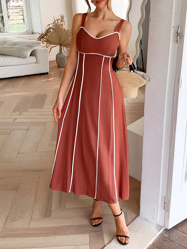 A-Line High Waisted Contrast Color Zipper Spaghetti-Neck Midi Dresses - Image 2