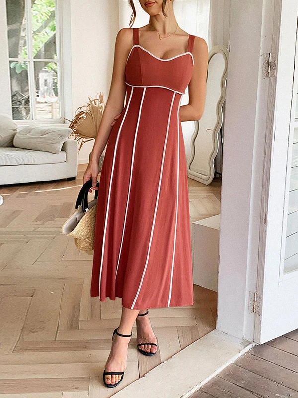A-Line High Waisted Contrast Color Zipper Spaghetti-Neck Midi Dresses - Image 3