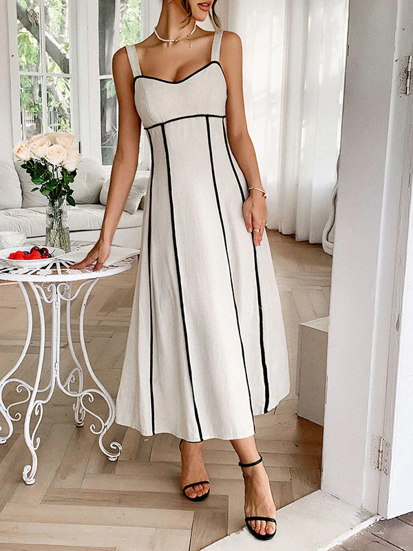 A-Line High Waisted Contrast Color Zipper Spaghetti-Neck Midi Dresses - Image 6