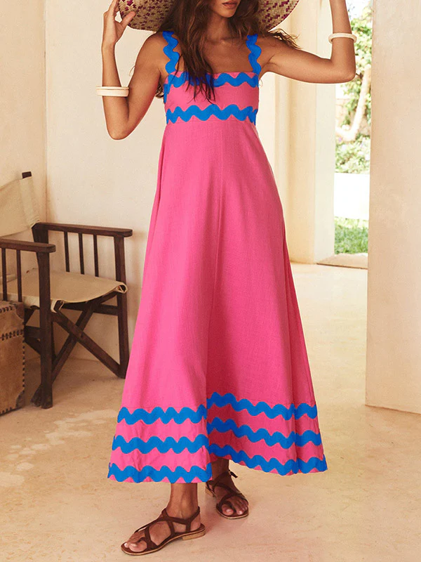A-line High Waisted Contrast Color Zipper Square-neck Maxi Dresses Midi Dresses - Image 12