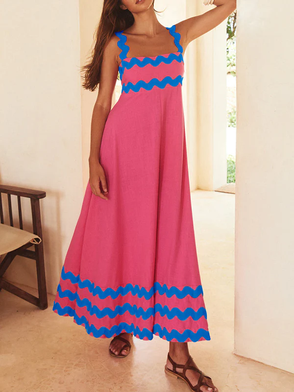 A-line High Waisted Contrast Color Zipper Square-neck Maxi Dresses Midi Dresses - Image 13