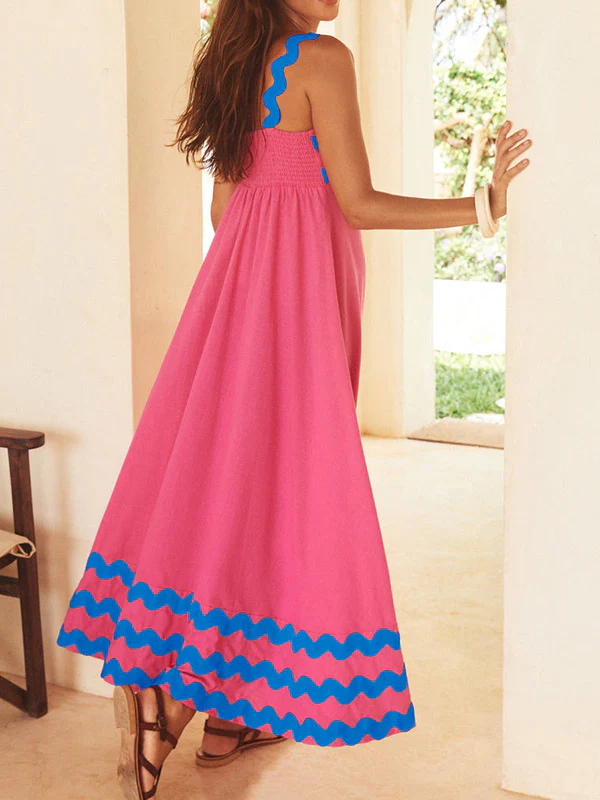 A-line High Waisted Contrast Color Zipper Square-neck Maxi Dresses Midi Dresses - Image 14