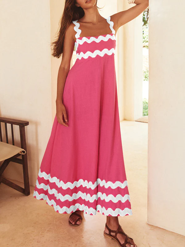 A-line High Waisted Contrast Color Zipper Square-neck Maxi Dresses Midi Dresses - Image 17
