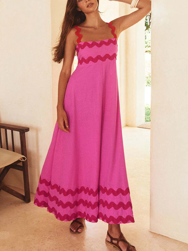 A-line High Waisted Contrast Color Zipper Square-neck Maxi Dresses Midi Dresses - Image 20