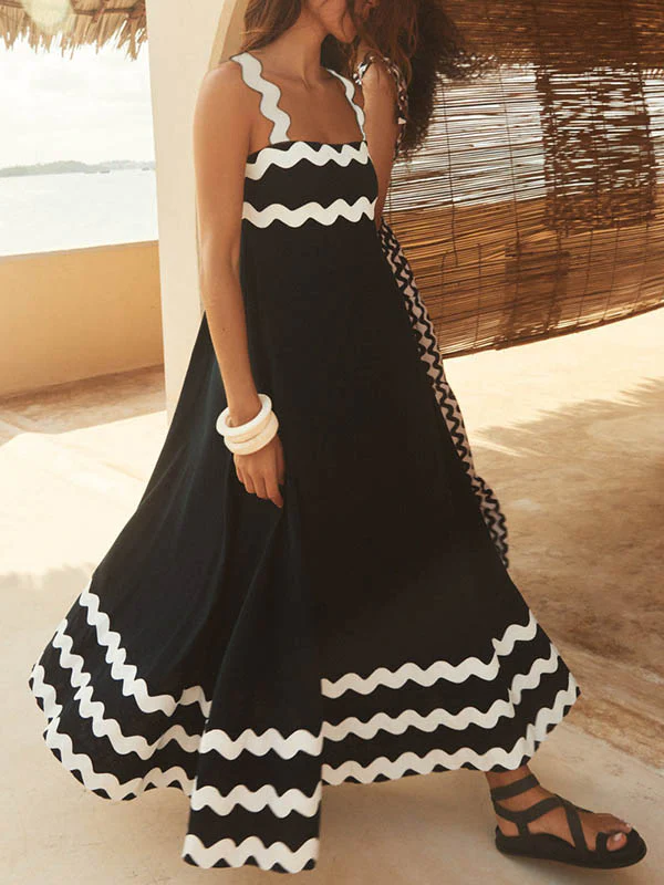 A-line High Waisted Contrast Color Zipper Square-neck Maxi Dresses Midi Dresses - Image 21