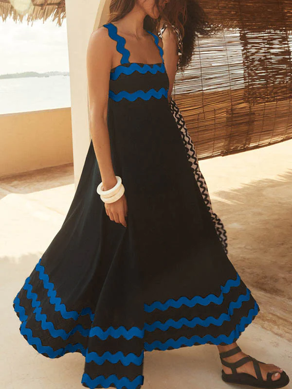 A-line High Waisted Contrast Color Zipper Square-neck Maxi Dresses Midi Dresses - Image 23