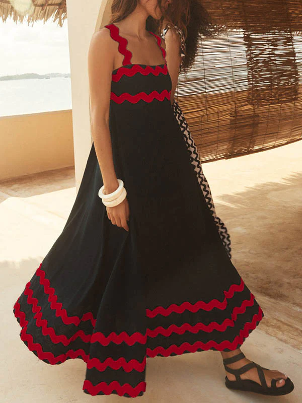 A-line High Waisted Contrast Color Zipper Square-neck Maxi Dresses Midi Dresses - Image 25